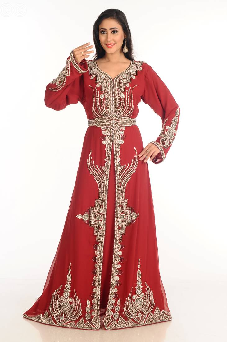 Maroon Zari Work Stones & Beads Embellish Georgette  Islamic Style Arabian Maxi Partywear Kaftan