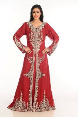 Maroon Zari Work Stones & Beads Embellish Georgette  Islamic Style Arabian Maxi Partywear Kaftan 4