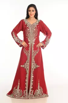 Maroon Zari Work Stones & Beads Embellish Georgette  Islamic Style Arabian Maxi Partywear Kaftan
