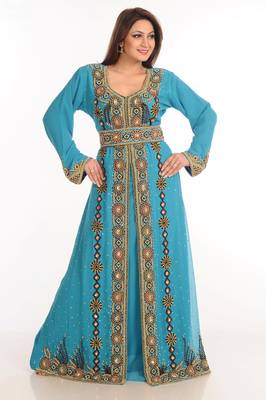 Teal Zari Work Stones & Beads Embellish Georgette  Islamic Style Arabian Maxi Partywear Kaftan 2