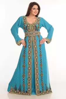Teal Zari Work Stones & Beads Embellish Georgette  Islamic Style Arabian Maxi Partywear Kaftan