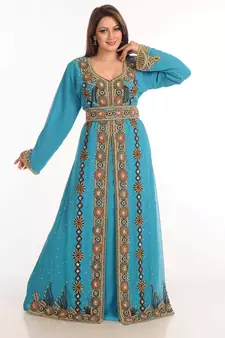 Teal Zari Work Stones & Beads Embellish Georgette  Islamic Style Arabian Maxi Partywear Kaftan