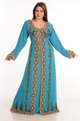 Teal Zari Work Stones & Beads Embellish Georgette  Islamic Style Arabian Maxi Partywear Kaftan 4