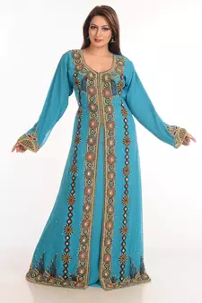 Teal Zari Work Stones & Beads Embellish Georgette  Islamic Style Arabian Maxi Partywear Kaftan
