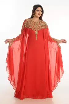 Red Zari Work Georgette Islamic Style Party Wear Stones And Beads Embedded Arabian Kaftan