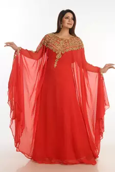 Red Zari Work Georgette Islamic Style Party Wear Stones And Beads Embedded Arabian Kaftan