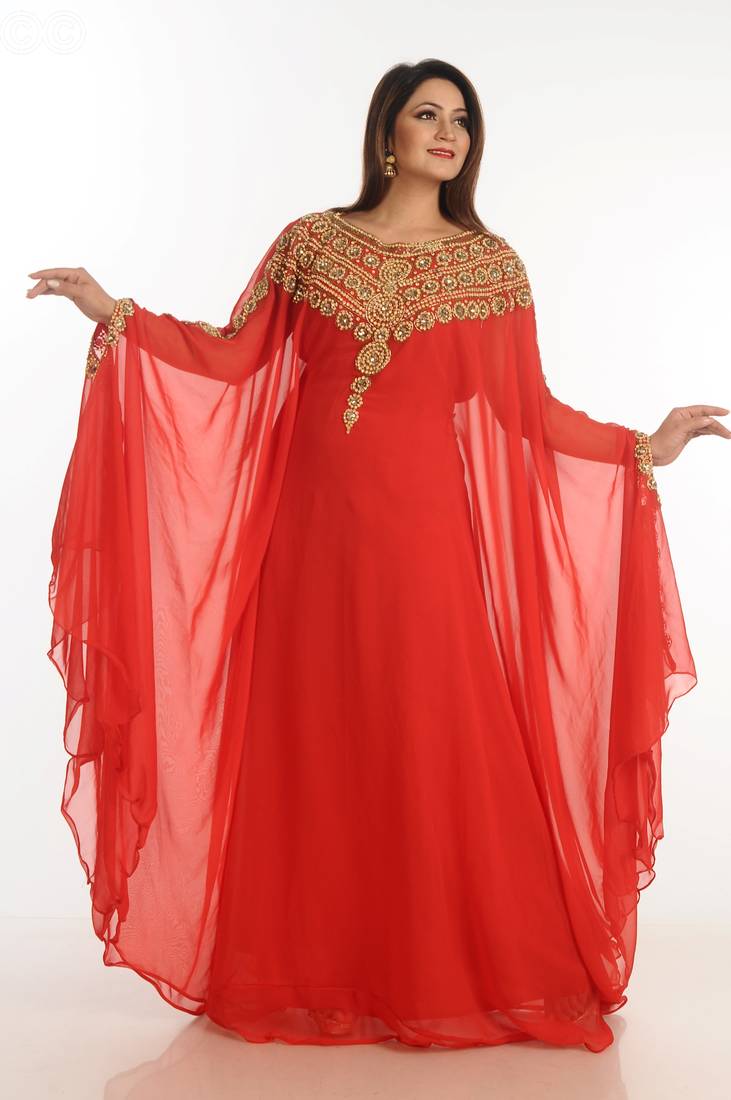 Red Zari Work Georgette Islamic Style Party Wear Stones And Beads Embedded Arabian Kaftan