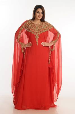 Red Zari Work Georgette Islamic Style Party Wear Stones And Beads Embedded Arabian Kaftan 4