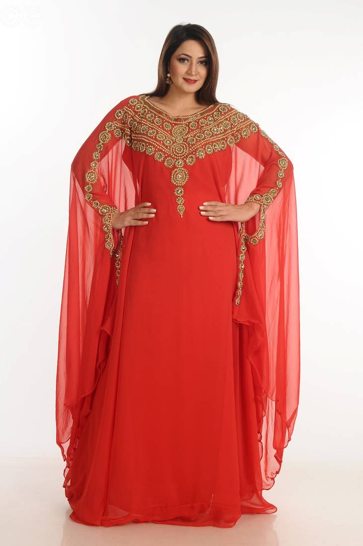 Red Zari Work Georgette Islamic Style Party Wear Stones And Beads Embedded Arabian Kaftan