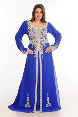 Blue Zari Work Stones & Beads Embellish Georgette  Islamic Style Arabian Maxi Partywear Kaftan 2