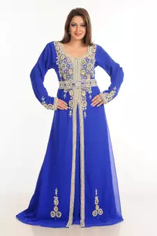 Blue Zari Work Stones & Beads Embellish Georgette  Islamic Style Arabian Maxi Partywear Kaftan
