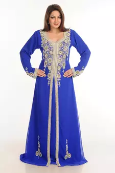 Blue Zari Work Stones & Beads Embellish Georgette  Islamic Style Arabian Maxi Partywear Kaftan