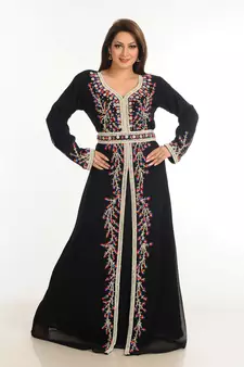 Black Zari Work Stones & Beads Embellish Georgette  Islamic Style Arabian Maxi Partywear Kaftan