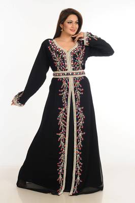 Black Zari Work Stones & Beads Embellish Georgette  Islamic Style Arabian Maxi Partywear Kaftan 3