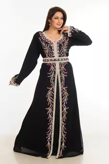 Black Zari Work Stones & Beads Embellish Georgette  Islamic Style Arabian Maxi Partywear Kaftan