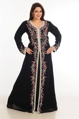 Black Zari Work Stones & Beads Embellish Georgette  Islamic Style Arabian Maxi Partywear Kaftan 4