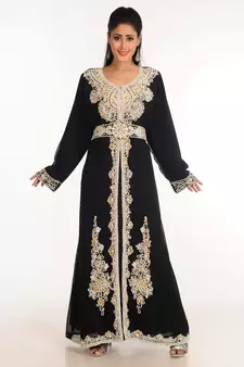 Black Zari Work Stones & Beads Embellish Georgette  Islamic Style Arabian Maxi Partywear Kaftan