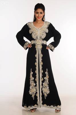 Black Zari Work Stones & Beads Embellish Georgette  Islamic Style Arabian Maxi Partywear Kaftan 3