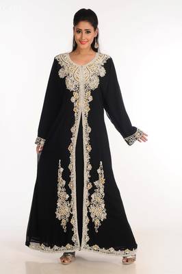 Black Zari Work Stones & Beads Embellish Georgette  Islamic Style Arabian Maxi Partywear Kaftan 4