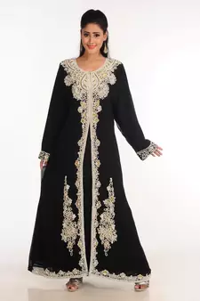Black Zari Work Stones & Beads Embellish Georgette  Islamic Style Arabian Maxi Partywear Kaftan