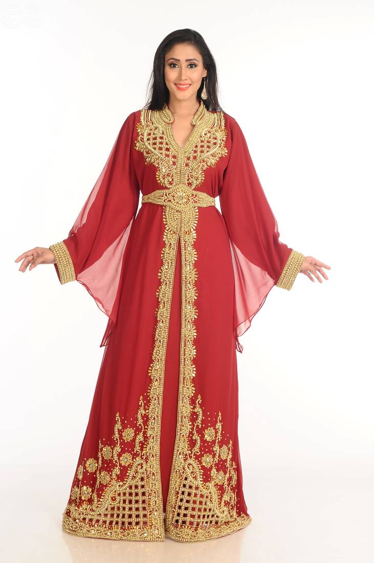 Maroon Zari Work Stones & Beads Embellish Georgette  Islamic Style Arabian Maxi Partywear Kaftan