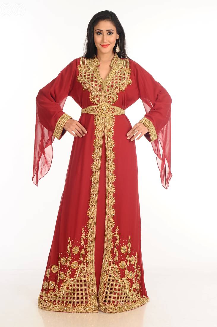 Maroon Zari Work Stones & Beads Embellish Georgette  Islamic Style Arabian Maxi Partywear Kaftan