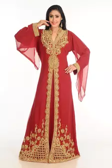 Maroon Zari Work Stones & Beads Embellish Georgette  Islamic Style Arabian Maxi Partywear Kaftan