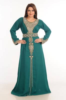 Teal Zari Work Stones & Beads Embellish Georgette  Islamic Style Arabian Maxi Partywear Kaftan 2