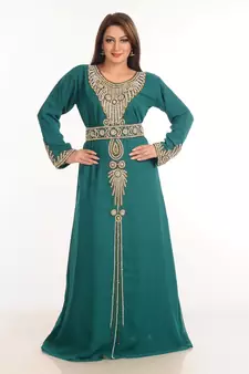 Teal Zari Work Stones & Beads Embellish Georgette  Islamic Style Arabian Maxi Partywear Kaftan
