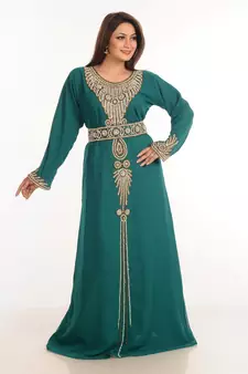 Teal Zari Work Stones & Beads Embellish Georgette  Islamic Style Arabian Maxi Partywear Kaftan
