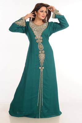 Teal Zari Work Stones & Beads Embellish Georgette  Islamic Style Arabian Maxi Partywear Kaftan 4