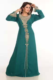 Teal Zari Work Stones & Beads Embellish Georgette  Islamic Style Arabian Maxi Partywear Kaftan