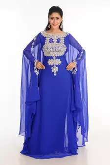 Blue Zari Work Stones & Beads Embellish Georgette  Islamic Style Arabian Maxi Partywear Kaftan