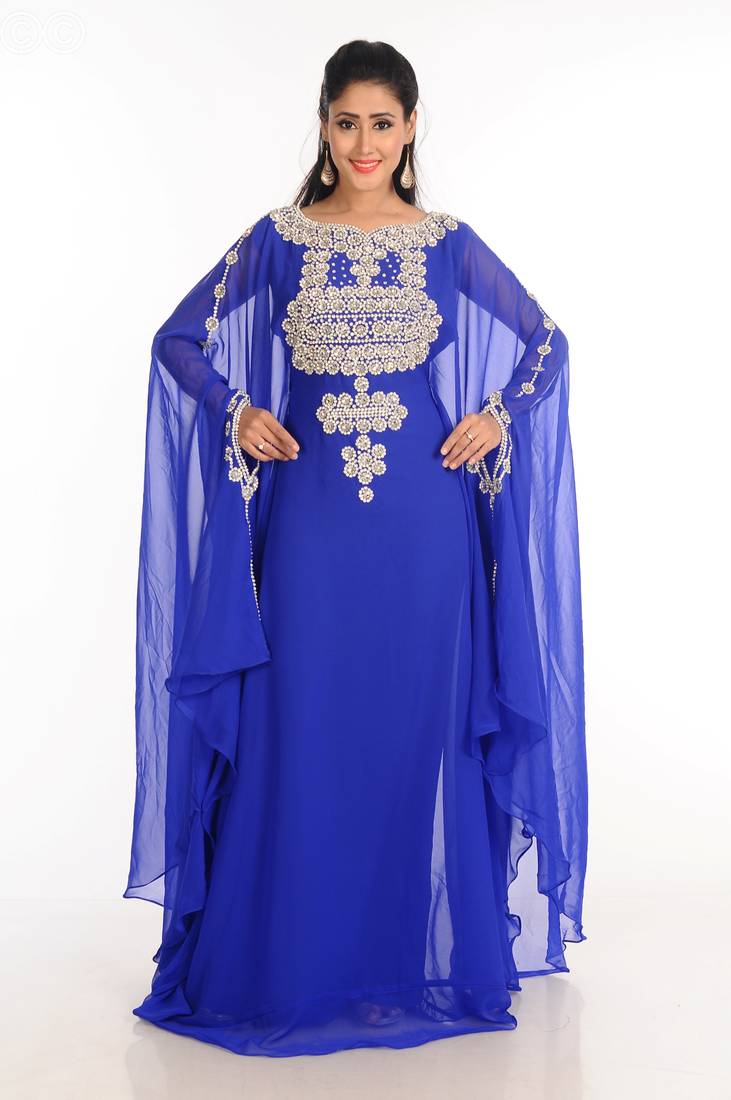 Blue Zari Work Stones & Beads Embellish Georgette  Islamic Style Arabian Maxi Partywear Kaftan