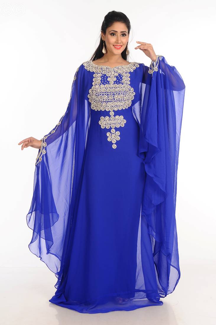 Blue Zari Work Stones & Beads Embellish Georgette  Islamic Style Arabian Maxi Partywear Kaftan
