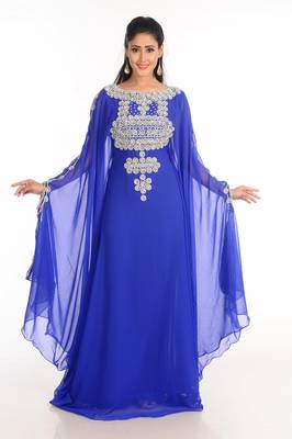 Blue Zari Work Stones & Beads Embellish Georgette  Islamic Style Arabian Maxi Partywear Kaftan 4