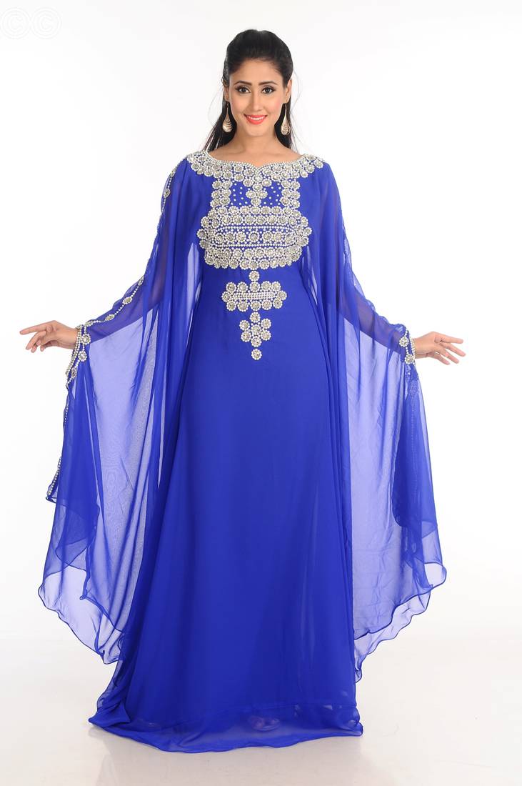 Blue Zari Work Stones & Beads Embellish Georgette  Islamic Style Arabian Maxi Partywear Kaftan