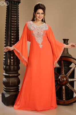 Red Zari Work Stones & Beads Embellish Georgette  Islamic Style Arabian Maxi Partywear Kaftan 2