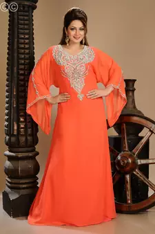 Red Zari Work Stones & Beads Embellish Georgette  Islamic Style Arabian Maxi Partywear Kaftan