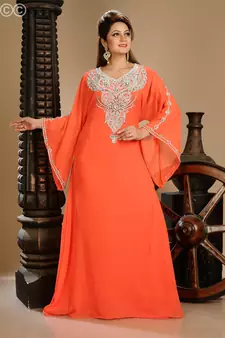 Red Zari Work Stones & Beads Embellish Georgette  Islamic Style Arabian Maxi Partywear Kaftan
