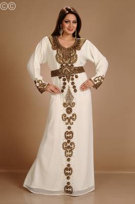 Cream Zari Work Stones & Beads Embellish Georgette  Islamic Style Arabian Maxi Partywear Kaftan 2