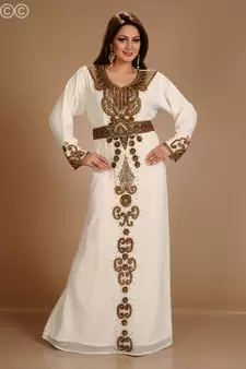 Cream Zari Work Stones & Beads Embellish Georgette  Islamic Style Arabian Maxi Partywear Kaftan