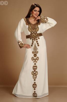 Cream Zari Work Stones & Beads Embellish Georgette  Islamic Style Arabian Maxi Partywear Kaftan 3