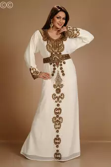 Cream Zari Work Stones & Beads Embellish Georgette  Islamic Style Arabian Maxi Partywear Kaftan