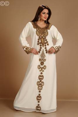 Cream Zari Work Stones & Beads Embellish Georgette  Islamic Style Arabian Maxi Partywear Kaftan 4
