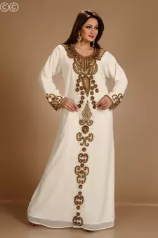 Cream Zari Work Stones & Beads Embellish Georgette  Islamic Style Arabian Maxi Partywear Kaftan