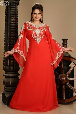 Red Zari Work Stones & Beads Embellish Georgette  Islamic Style Arabian Maxi Partywear Kaftan 2