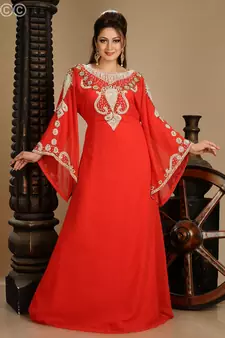 Red Zari Work Stones & Beads Embellish Georgette  Islamic Style Arabian Maxi Partywear Kaftan
