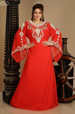 Red Zari Work Stones & Beads Embellish Georgette  Islamic Style Arabian Maxi Partywear Kaftan 3
