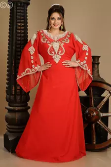 Red Zari Work Stones & Beads Embellish Georgette  Islamic Style Arabian Maxi Partywear Kaftan